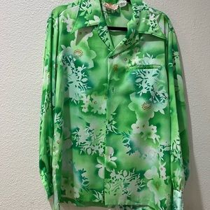 Vintage Polyester Hawaiian Fashions Aloha Shirt- Line Green and White Flowers